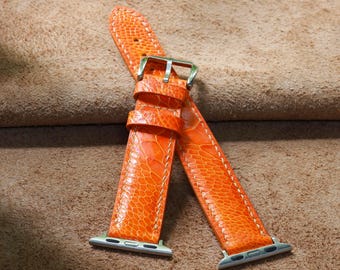 Handmade Orange Ostrich Leg Leather Watch Strap (Scaled) - Custom Fit Apple Watch Band