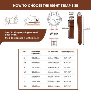 May include: Diagram illustrating how to measure for a watch strap. Includes steps for measuring wrist size with a string and ruler. A chart provides band length in inches and centimeters, with corresponding wrist sizes in inches.