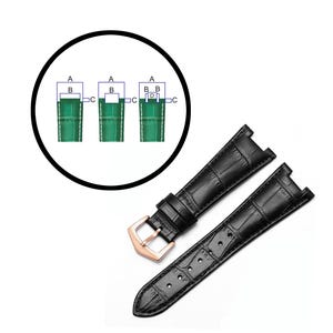 May include: Black watch strap with a crocodile pattern and a rose gold buckle. The strap is shown with a diagram of green watch straps with white stitching, illustrating different attachment styles.