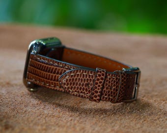 Handmade Brown Lizard Leather Watch Strap - Custom Fit Apple Watch Band