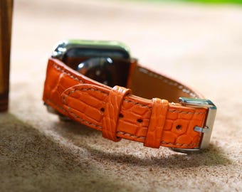 Handmade Orange Alligator Leather Watch Strap - Custom Fit Apple Watch Band