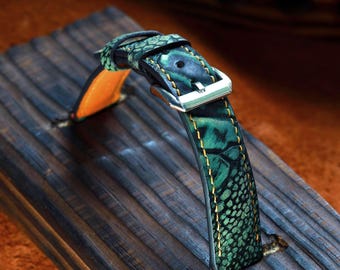 Green Leather Watch Strap – Waxed Ostrich Leg (Scaled) Vintage Exotic Band