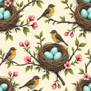 May include: A seamless pattern featuring birds, nests with blue eggs, pink flowers, and green leaves on a cream background. The birds have orange chests and gray and brown feathers. The nests are made of brown twigs.