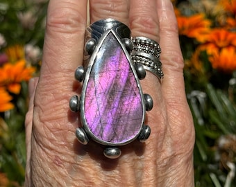 Labradorite viola, argento sterling, fascia larga, regolabile, anello di dichiarazione da donna, stile Boho