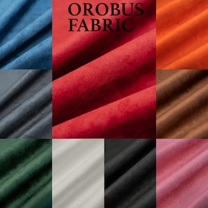 May include: A collage of OROBUS FABRIC swatches in various colors including blue, red, orange, gray, brown, green, white, black, and pink. Each section displays a soft, textured material with visible folds and shadows, showcasing the fabric's surface.