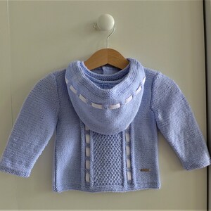 BABY SWEATER and BONNET Set Hand Knitted Baby Merino Wool Sky Blue Color 3-9 months