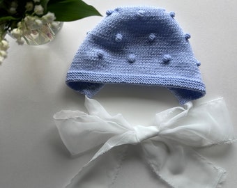 BABY BONNETHand Knitted Baby Merino Wool Sky Blue Color 3-6 months
