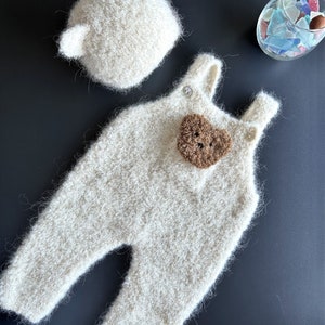 Set of Boucle BABY ROMPER, BEANIE and Mini Bear Hand Knitted 0-6 months