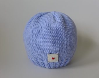 BABY BEANIE Hand Knitted Baby Merino Wool Sky Blue Color 0-6 months
