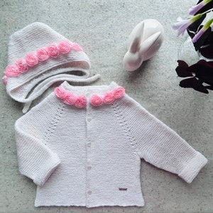 BABY Girl CARDIGAN and BONNET Set Hand Knitted Silk Merino Wool Size 3-12 months