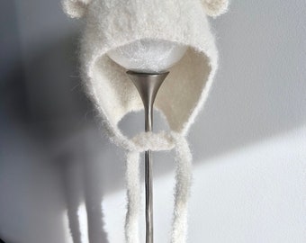 Baby Kleinkind Kinder Unisex Boucle Alpaka Mohair und Wolle Garn Bear BONNET Handgestrickte Creme Farbe