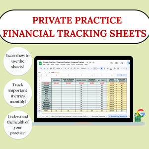 Op de afbeelding: Een laptopscherm toont een financieel tracking sheet met de titel "Private Practice Financial Tracking Sheets". De spreadsheet bevat kolommen voor inkomsten, kosten van verkochte goederen en winst. Tekstballonnen benadrukken belangrijke kenmerken.