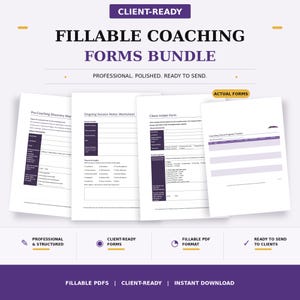 May include: A digital bundle of fillable coaching forms featuring a Pre-Coaching Discovery Worksheet, Ongoing Session Notes Worksheet, Client Intake Form, and Coaching Client Progress Tracker. The documents use purple and white branding.