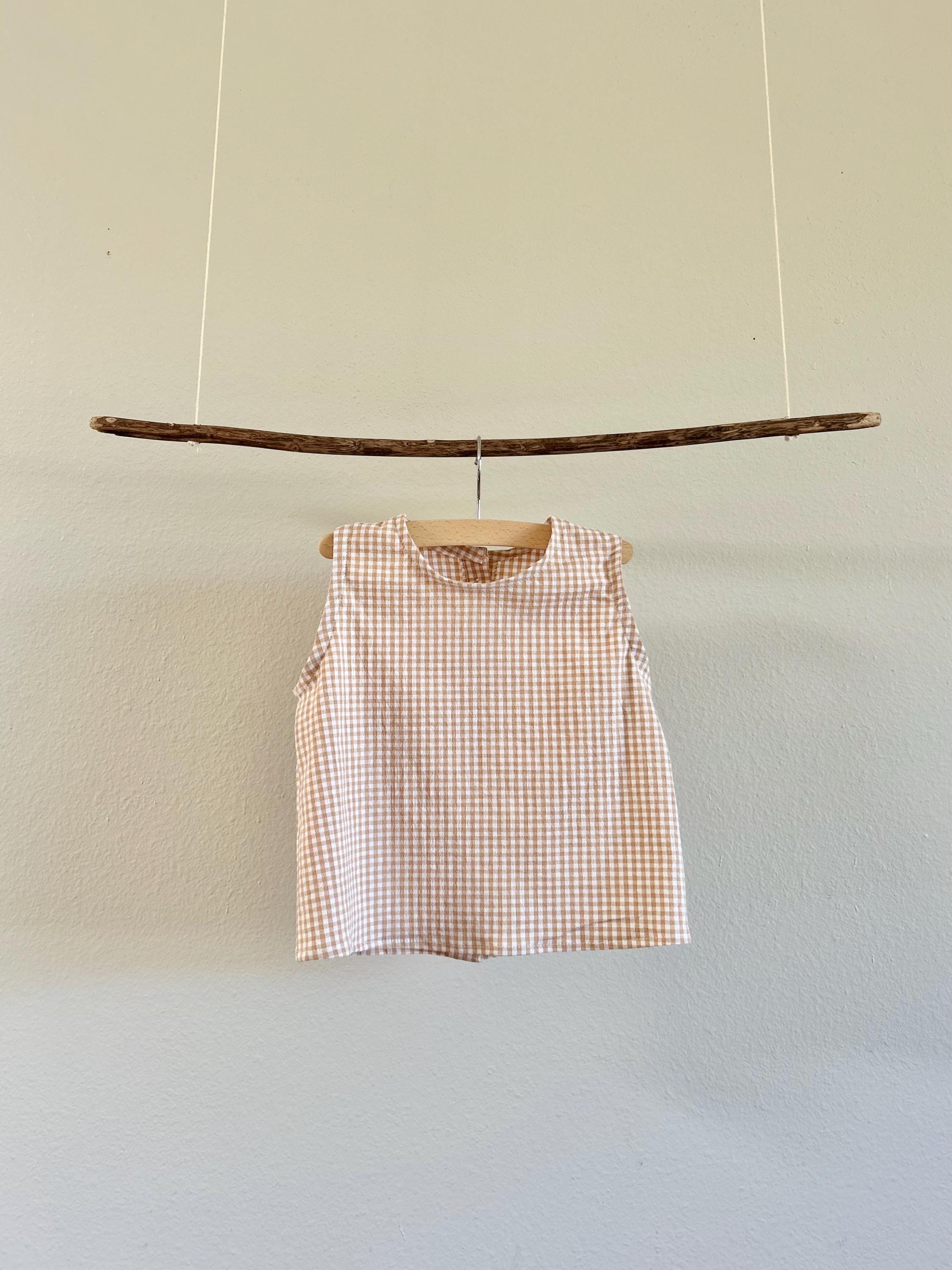 Girl's Beige Gingham Cotton Tank, Button Back Tank, 3T