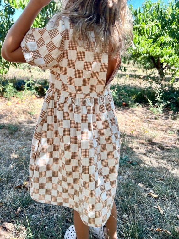 Handmade Girl's Gingham Dress, Ivory Checker Cotton Cottagecore Handmade Girl's Gingham Dress, Ivory Checker Cotton Cottagecore
