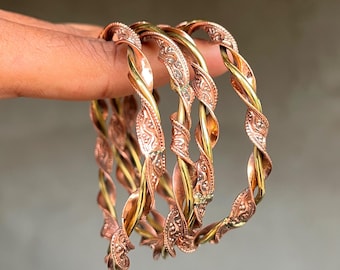 Pure Copper Handcrafted Bangles : Twisted Dainty Vintage Bracelet Set Of 4