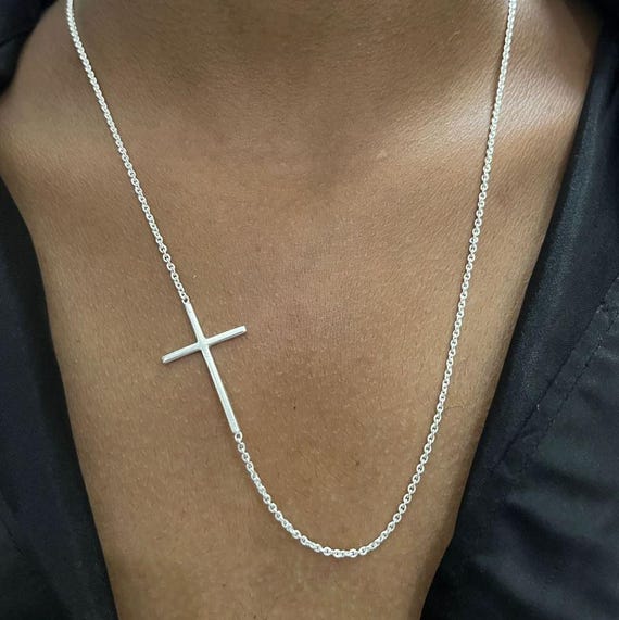 Sterling Silver Cross Sideways Necklace : 925 Link Chain, Unisex 