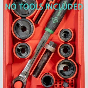 May include: Red tool case containing black tools and a silver wrench. The case has the text "NO TOOLS INCLUDED" in turquoise. The tools are neatly arranged within the case, providing a structured appearance.