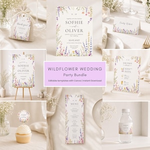 Pode incluir: Um conjunto de papelaria para casamento com ilustrações de flores silvestres, incluindo convite, placa de boas-vindas, marcador de lugar, menu de bebidas, menu de comida, topo de cupcake, rótulo de garrafa e etiqueta de lembrancinha.