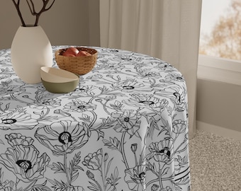 Black White Poppy Floral Table Topper Modern Graphic Square Tablecloth 55 Inch