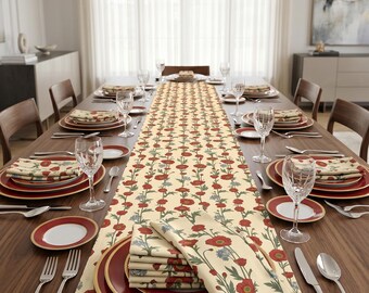 Ivory Red Poppy Flower Table Runner Vintage Farmhouse Floral Table Linens 16x72 16x90