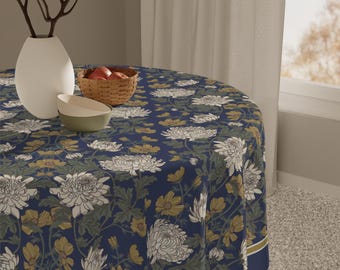 Navy, Gold and Cream Chrysanthemum Floral Table Topper Classic Elegant Square Tablecloth 55 Inch