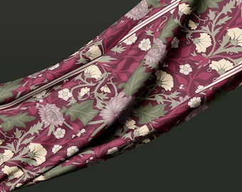 Grand Palais Peony Silk Long Scarf – Wine Red Olive Cream Timeless Textile Floral Wrap, European Damask Art Nouveau Shawl