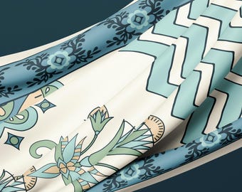 Egyptian Lotus Papyrus Silk Long Scarf for Ancient History Lovers – Aqua Turquoise Blue Ancient Motif Wrap, Artful Gift