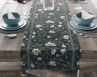 Navy Magnolia Floral Table Runner Elegant Classic European Style Table Decor 16x72 16x90