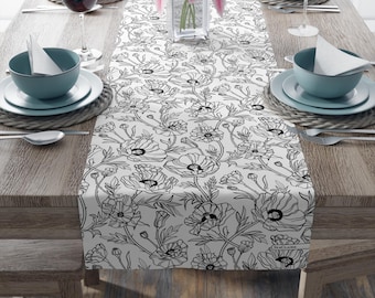 Black White Poppy Floral Table Runner Modern Minimalist Elegant Table Decor 16x72 16x90