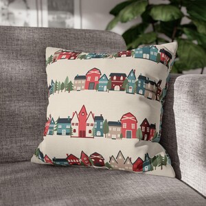 Harvest to Holly Scandi Folk Art Christmas Pillow Cover, Rustic Farmhouse Woodland Village Houses, Winter Cabin Holiday Decor, Blue Cream