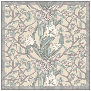 Puede incluir: Pañuelo cuadrado con diseño floral. El pañuelo presenta un fondo crema con un patrón repetido de flores estilizadas, hojas y ramas en tonos grises, azules y rosas. El borde es gris.