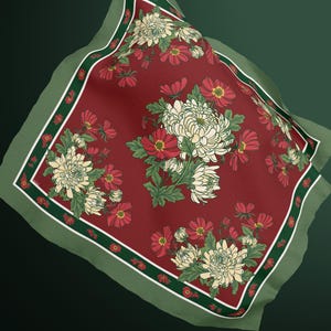 Vintage Chrysanthemum Square Silk Scarf Burgundy Olive Floral Christmas Gift Idea for Her Heirloom Holiday Accessory Romantic Garden Style image 2