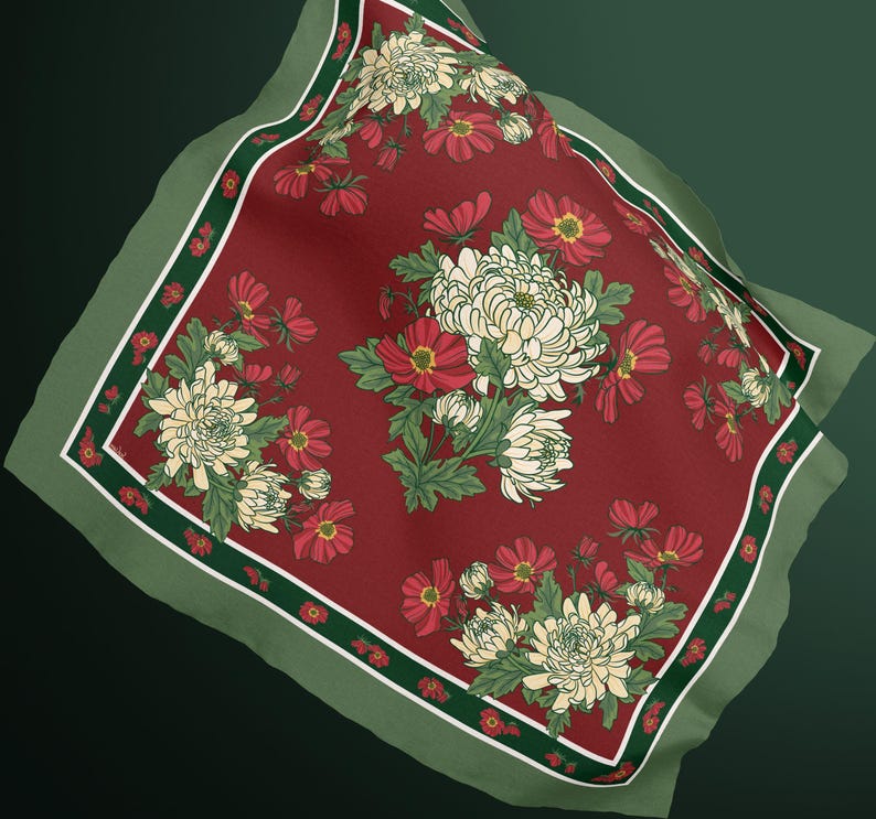 Vintage Chrysanthemum Square Silk Scarf Burgundy Olive Floral Christmas Gift Idea for Her Heirloom Holiday Accessory Romantic Garden Style image 2