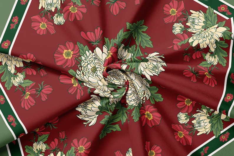 Vintage Chrysanthemum Square Silk Scarf Burgundy Olive Floral Christmas Gift Idea for Her Heirloom Holiday Accessory Romantic Garden Style image 9