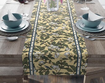 Yellow White Magnolia Flower Table Runner Garden Cottage Farmhouse Table Linens 16x72 16x90