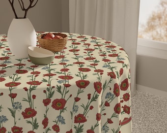 Ivory Red Poppy Flower Table Topper Vintage Farmhouse Square Tablecloth 55 Inch