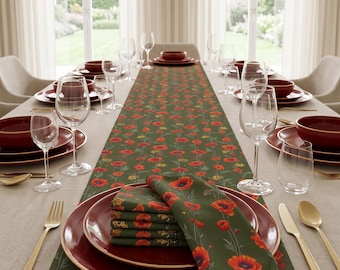 Olive Red Poppy Floral Table Runner Rustic Vintage Farmhouse Table Decor 16x72 16x90