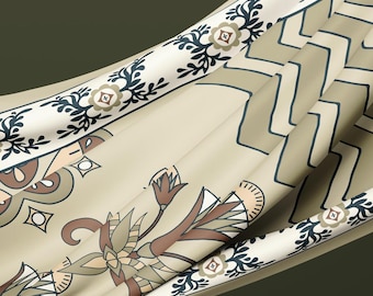 Egyptian Lotus Papyrus Silk Long Scarf – Olive Navy Taupe Ancient Motif Wrap, Artful Gift