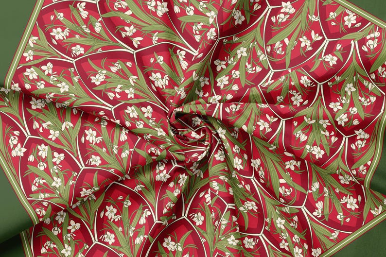 Vintage Floral Square Silk Scarf Red Green Snowdrop Botanical Christmas Gift Idea for Her Romantic Holiday Accessory Winter Garden Style image 11