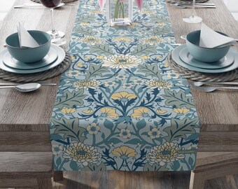 Grand Palais Peony Table Runner Elegant European Floral Blue Yellow Table Linens 16x72 16x90