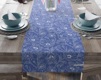 Cornflower Blue Poppy Flower Table Runner Fresh Cottage Vintage Table Linens 16x72 16x90
