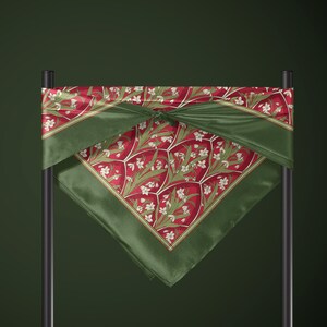 Vintage Floral Square Silk Scarf Red Green Snowdrop Botanical Christmas Gift Idea for Her Romantic Holiday Accessory Winter Garden Style image 9