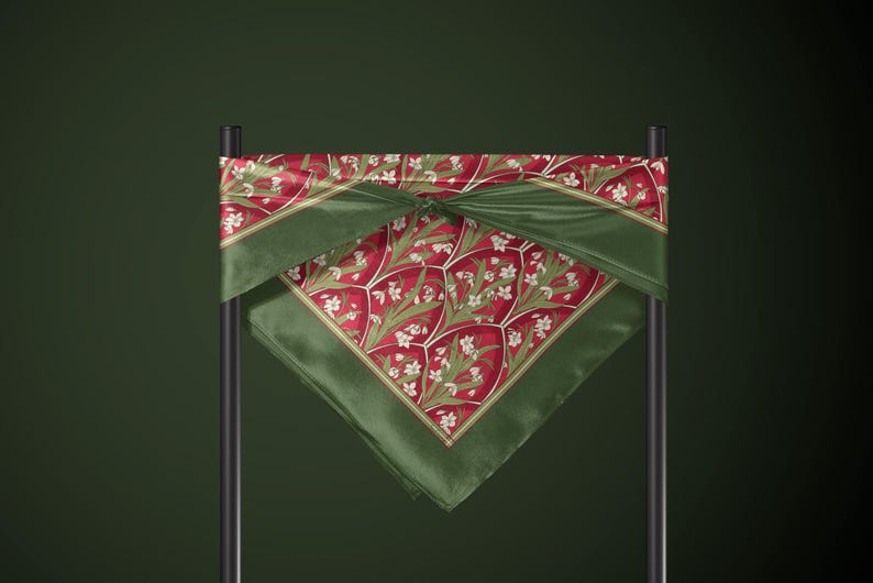 Vintage Floral Square Silk Scarf Red Green Snowdrop Botanical Christmas Gift Idea for Her Romantic Holiday Accessory Winter Garden Style image 9