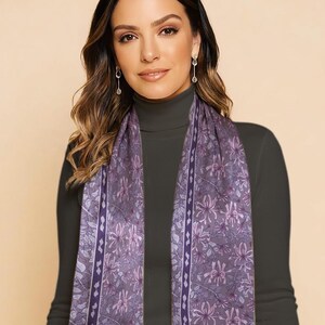 Wild Honeysuckle Long Silk Scarf – June Birth Flower Floral Botanical, Victorian Garden Flower Wrap, Plum Purple and Violet