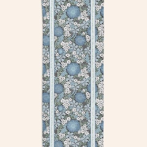 Può includere: Tessuto a fantasia floreale con un motivo ripetuto di fiori blu e bianchi su sfondo scuro. Due strisce verticali con un bordo azzurro chiaro incorniciano il motivo floreale. Adatto a vari progetti creativi.