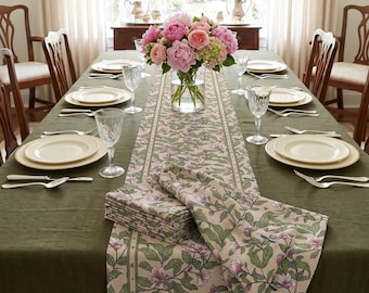 Magnolia Floral Table Runner Beige Rose Pink Southern Vintage Elegant Table Decor 16x72 16x90