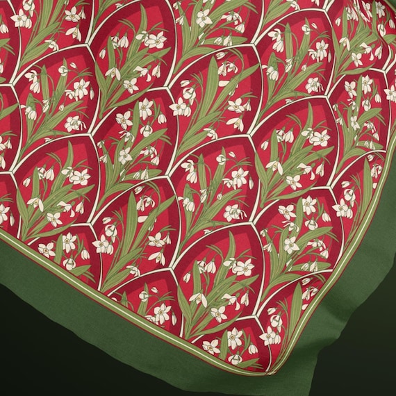 Vintage Floral Square Silk Scarf Red Green Snowdrop Botanical Christmas Gift Idea for Her Romantic Holiday Accessory Winter Garden Style