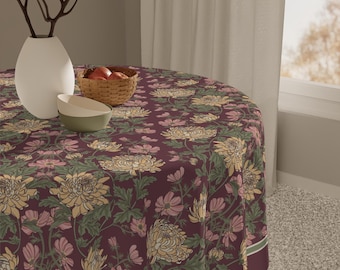 Mantel cuadrado vintage de otoño con estampado floral de crisantemos en tonos ciruela, crema y oliva, 55 pulgadas.