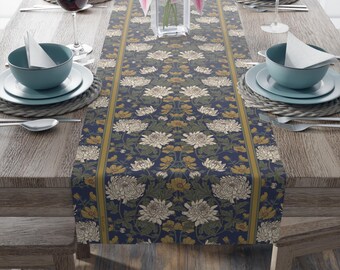 Navy Chrysanthemum Floral Table Runner Classic European Elegant Table Decor 16x72 16x90